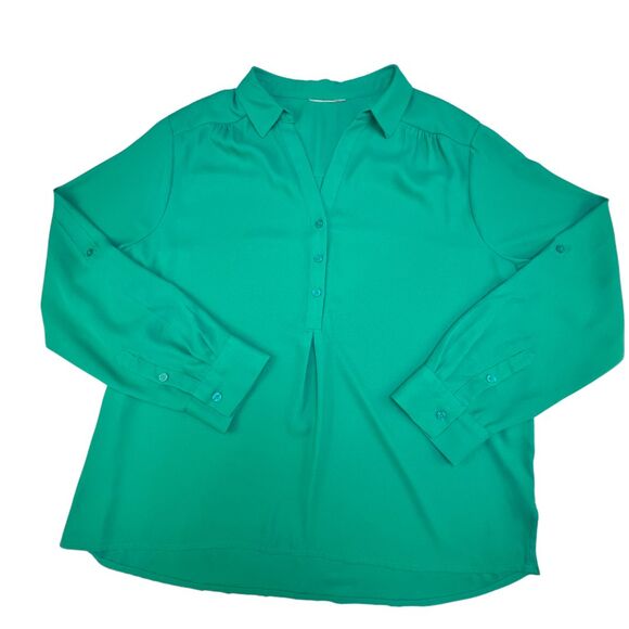 Womens Top XL Emerald Green V Neck Button Down Roll Tab Long Sleeve Blouse - Picture 1 of 9